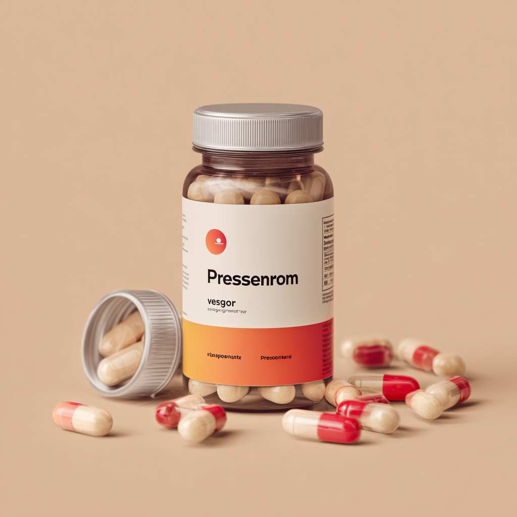 Professional product photography of Pressenrom cardiovascular supplement bottle on marble surface with soft lighting, elegant packaging design with wine-colored labels, medical-grade appearance, surrounded by subtle heart health symbols and natural plant elements, high-end pharmaceutical styling